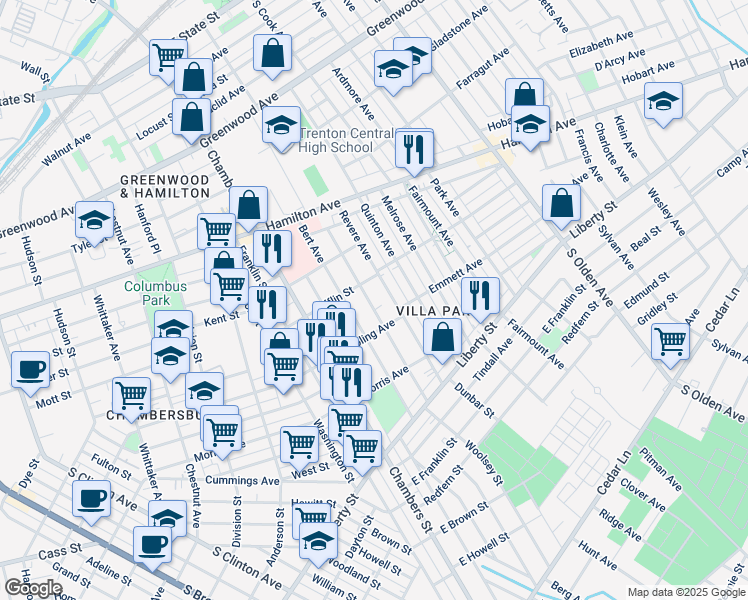 map of restaurants, bars, coffee shops, grocery stores, and more near 322 Columbus Avenue in Trenton