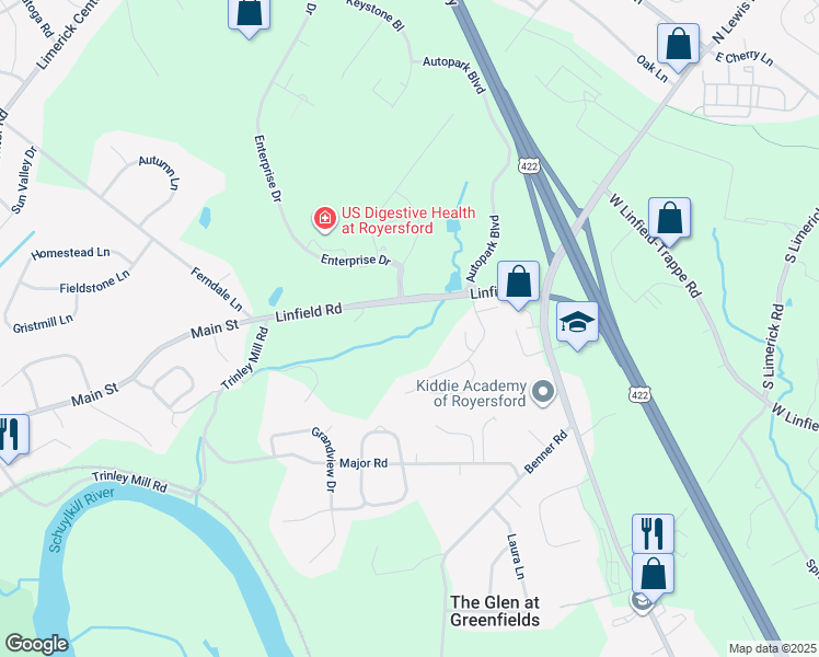 map of restaurants, bars, coffee shops, grocery stores, and more near 523 Linfield Road in Royersford