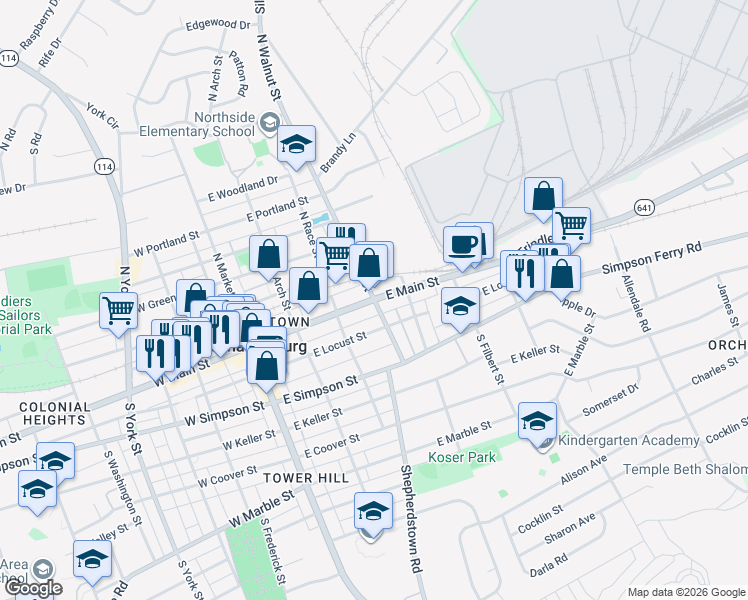 map of restaurants, bars, coffee shops, grocery stores, and more near East Main Street in Mechanicsburg
