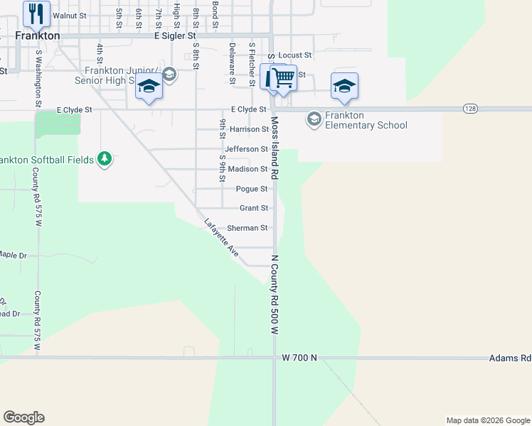 map of restaurants, bars, coffee shops, grocery stores, and more near 1005 South 11th Street in Frankton