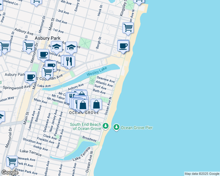 map of restaurants, bars, coffee shops, grocery stores, and more near 2 Atlantic Avenue in Neptune Township