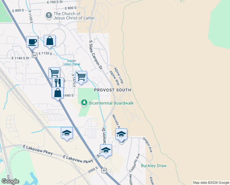 map of restaurants, bars, coffee shops, grocery stores, and more near 1411 South Slate Canyon Drive in Provo