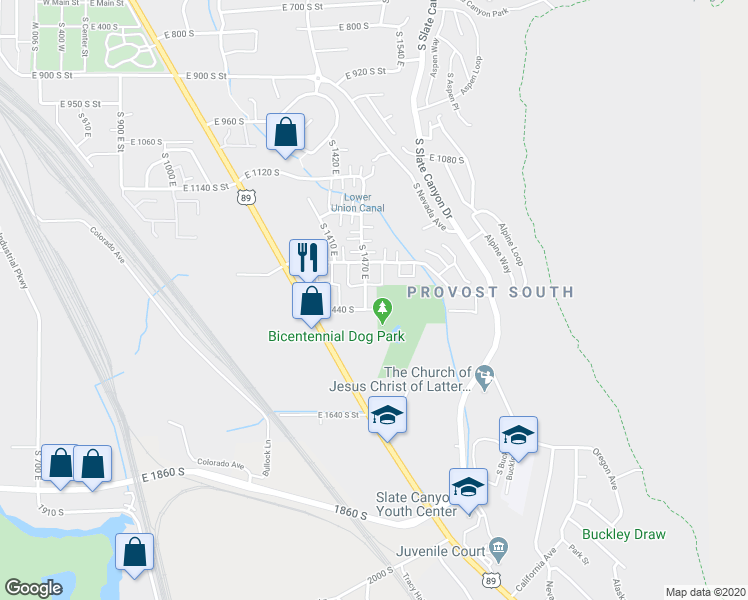 map of restaurants, bars, coffee shops, grocery stores, and more near 1398 South 1470 East in Provo