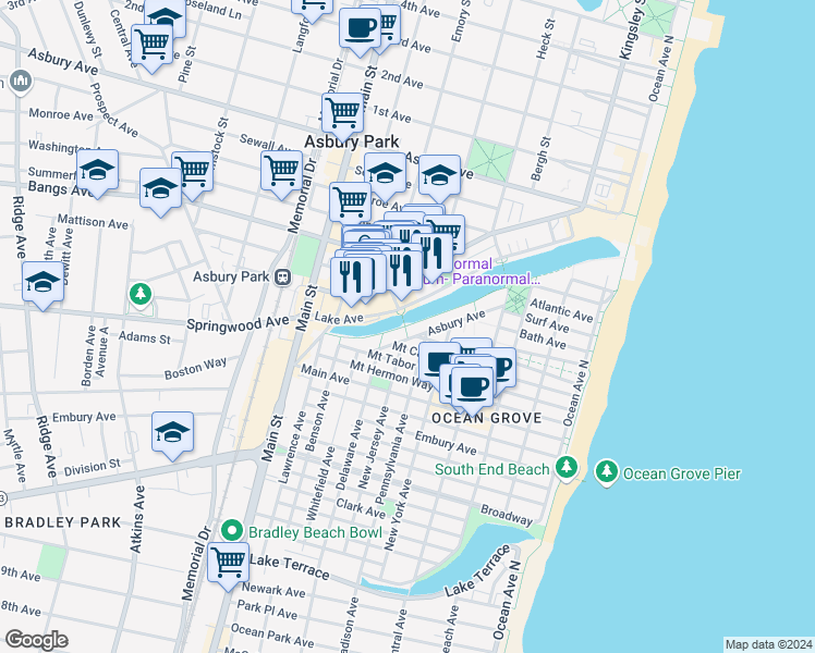 map of restaurants, bars, coffee shops, grocery stores, and more near 605 Lake Avenue in Asbury Park