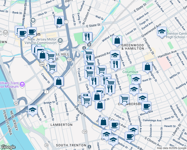map of restaurants, bars, coffee shops, grocery stores, and more near 326 South Clinton Avenue in Trenton