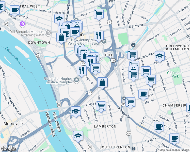 map of restaurants, bars, coffee shops, grocery stores, and more near 327 South Broad Street in Trenton