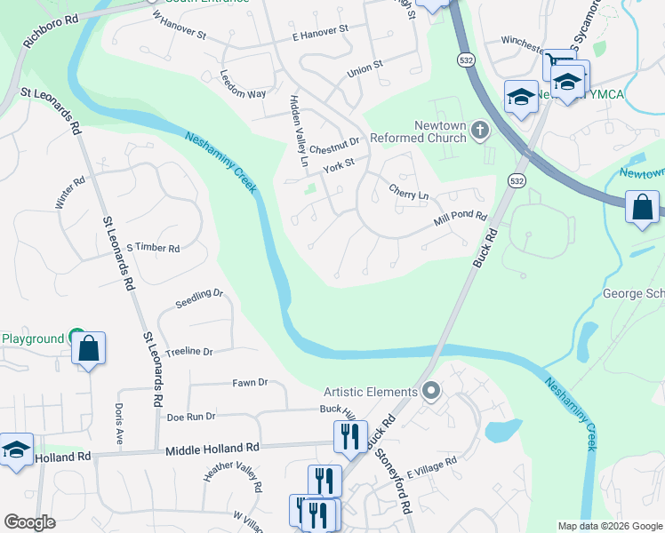 map of restaurants, bars, coffee shops, grocery stores, and more near 86 Delaware Court in Newtown