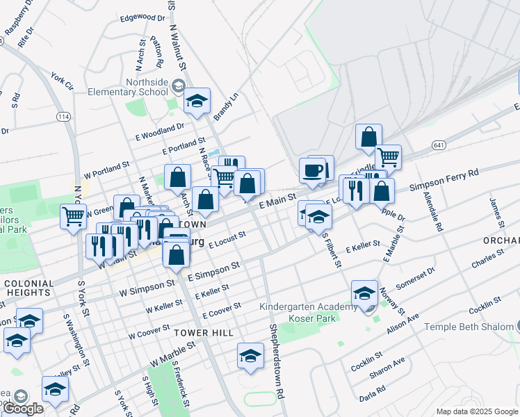 map of restaurants, bars, coffee shops, grocery stores, and more near 308 East Main Street in Mechanicsburg