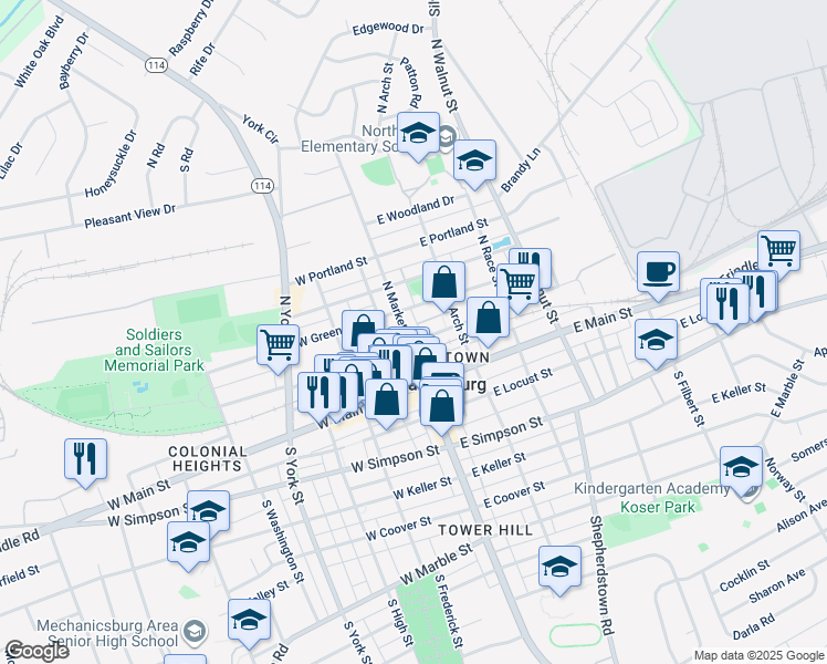 map of restaurants, bars, coffee shops, grocery stores, and more near 114 North Market Street in Mechanicsburg