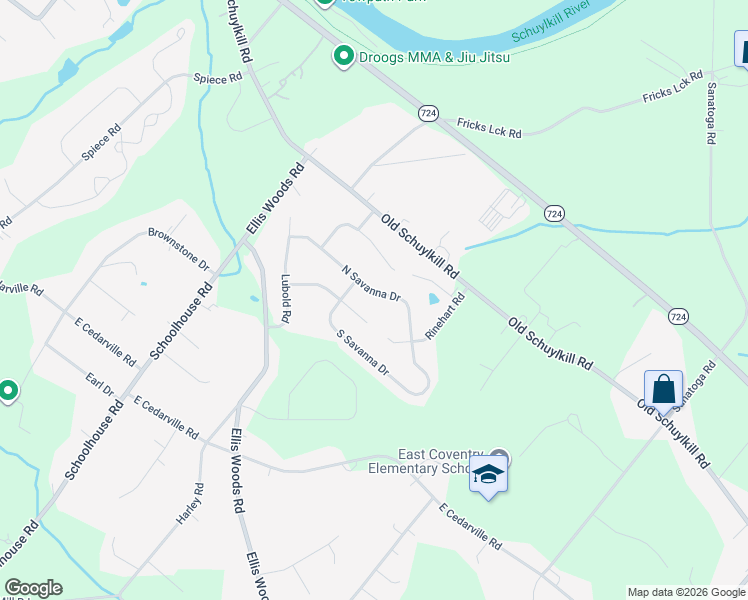 map of restaurants, bars, coffee shops, grocery stores, and more near 65 North Savanna Drive in Pottstown