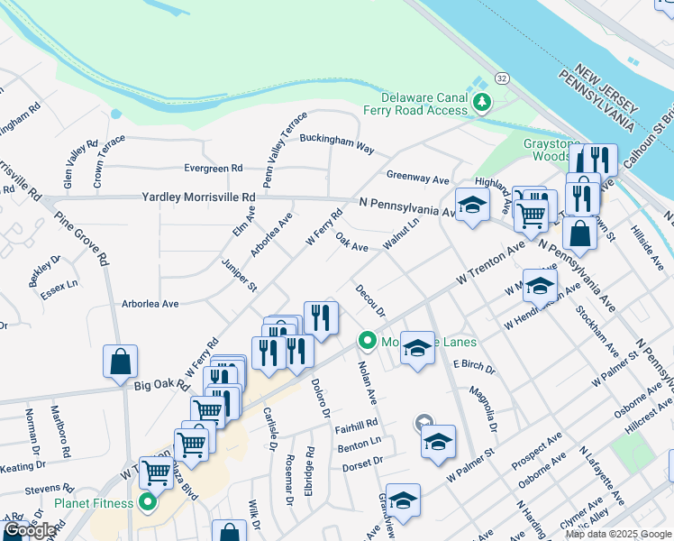 map of restaurants, bars, coffee shops, grocery stores, and more near 116 Walnut Lane in Yardley