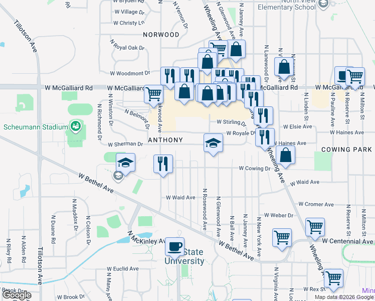 map of restaurants, bars, coffee shops, grocery stores, and more near 1717 West Glenn Ellyn Drive in Muncie