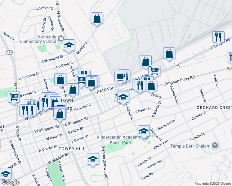 map of restaurants, bars, coffee shops, grocery stores, and more near 12 South Filbert Street in Mechanicsburg
