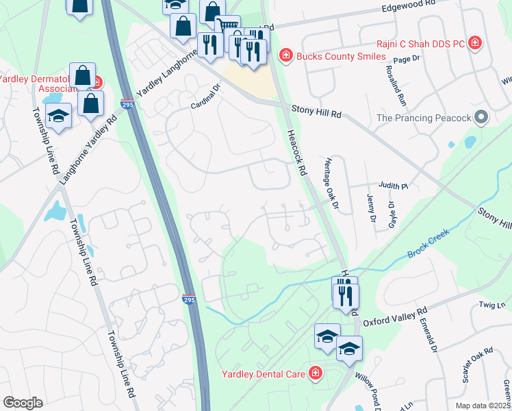 map of restaurants, bars, coffee shops, grocery stores, and more near 1650 Covington Road in Yardley