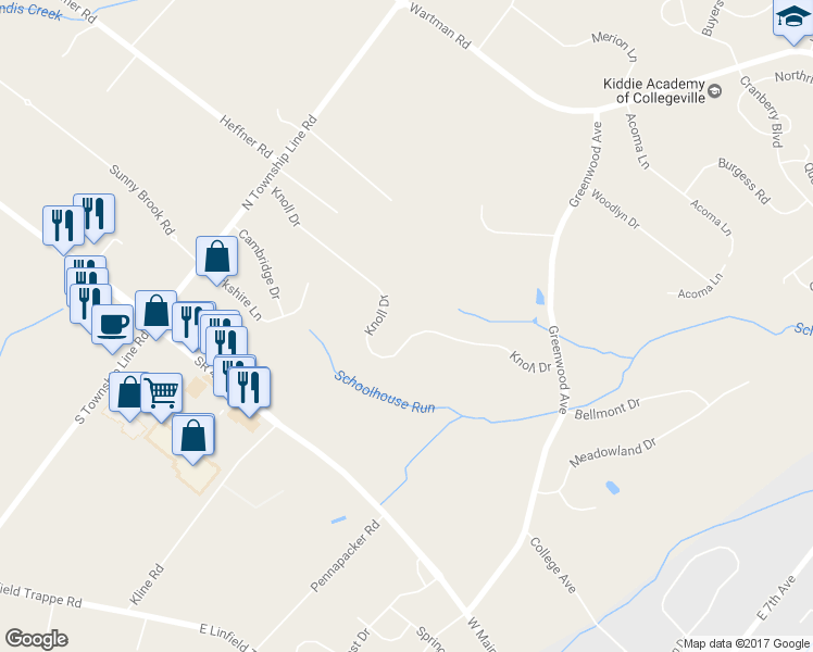 map of restaurants, bars, coffee shops, grocery stores, and more near 146 Knoll Drive in Collegeville