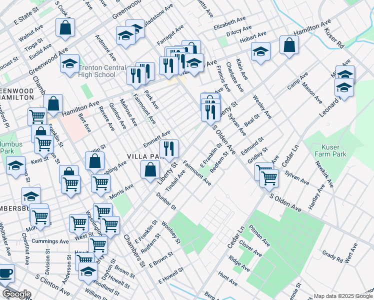 map of restaurants, bars, coffee shops, grocery stores, and more near 1933 Liberty Street in Trenton