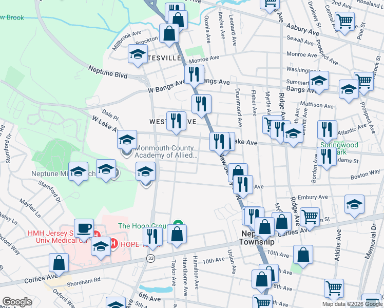 map of restaurants, bars, coffee shops, grocery stores, and more near 2004 Rutherford Avenue in Neptune City