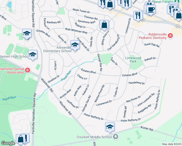 map of restaurants, bars, coffee shops, grocery stores, and more near 1080 Estates Boulevard in Hamilton Township
