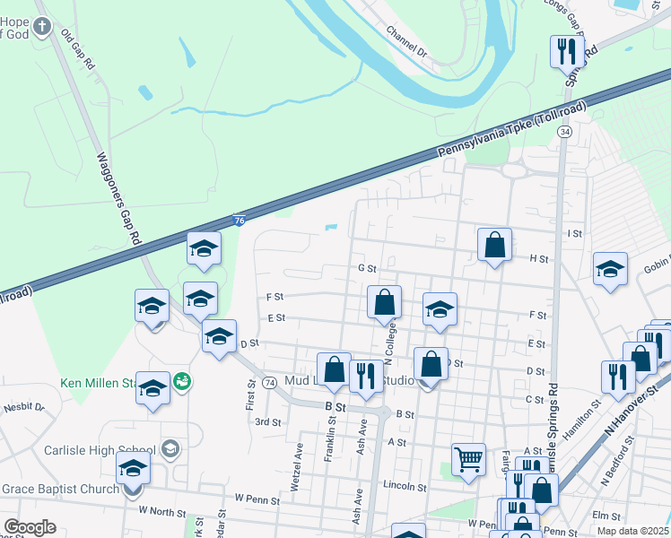 map of restaurants, bars, coffee shops, grocery stores, and more near 1090 Franklin St in Carlisle