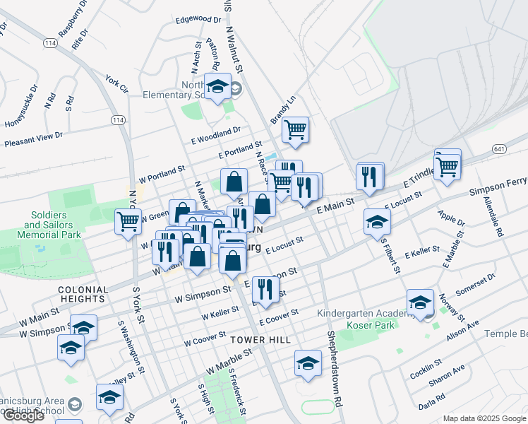 map of restaurants, bars, coffee shops, grocery stores, and more near 115 East Strawberry Alley in Mechanicsburg