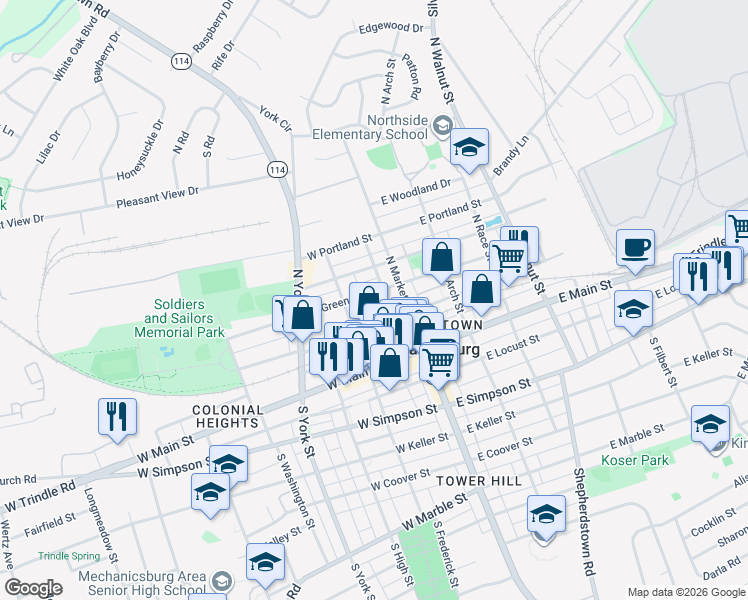 map of restaurants, bars, coffee shops, grocery stores, and more near 19 West Green Street in Mechanicsburg