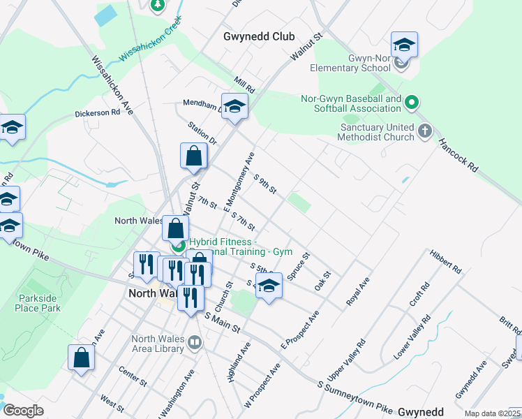 map of restaurants, bars, coffee shops, grocery stores, and more near 221 South 8th Street in North Wales