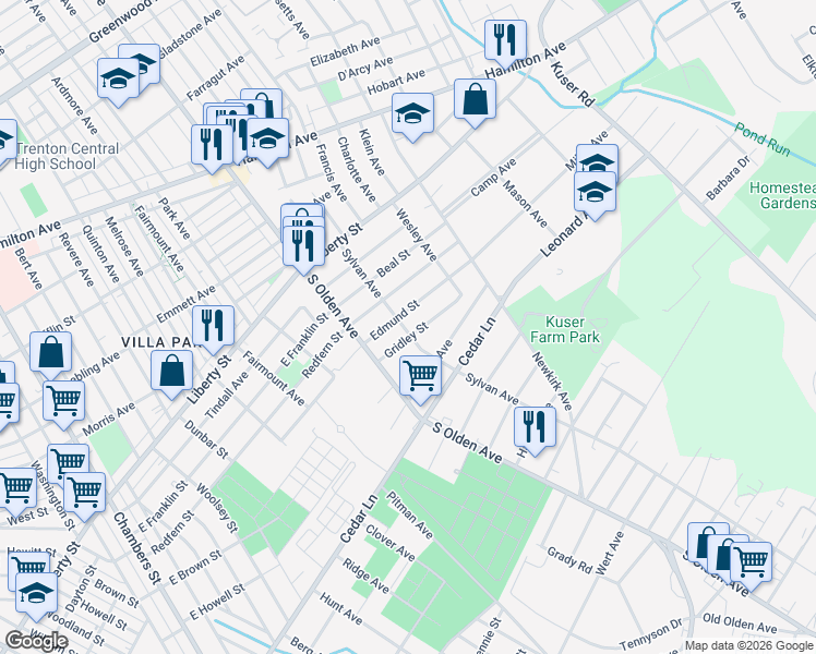 map of restaurants, bars, coffee shops, grocery stores, and more near 416 Sylvan Avenue in Hamilton Township