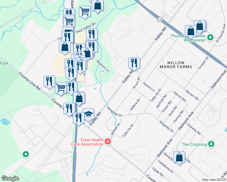 map of restaurants, bars, coffee shops, grocery stores, and more near 192 Valley Road in Warminster