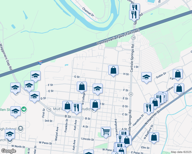 map of restaurants, bars, coffee shops, grocery stores, and more near 237 G Street in Carlisle