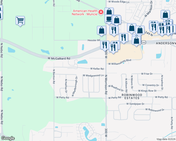 map of restaurants, bars, coffee shops, grocery stores, and more near 5105 West Keller Road in Muncie