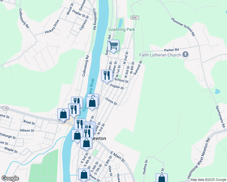 map of restaurants, bars, coffee shops, grocery stores, and more near 224 N 1st St in West Newton