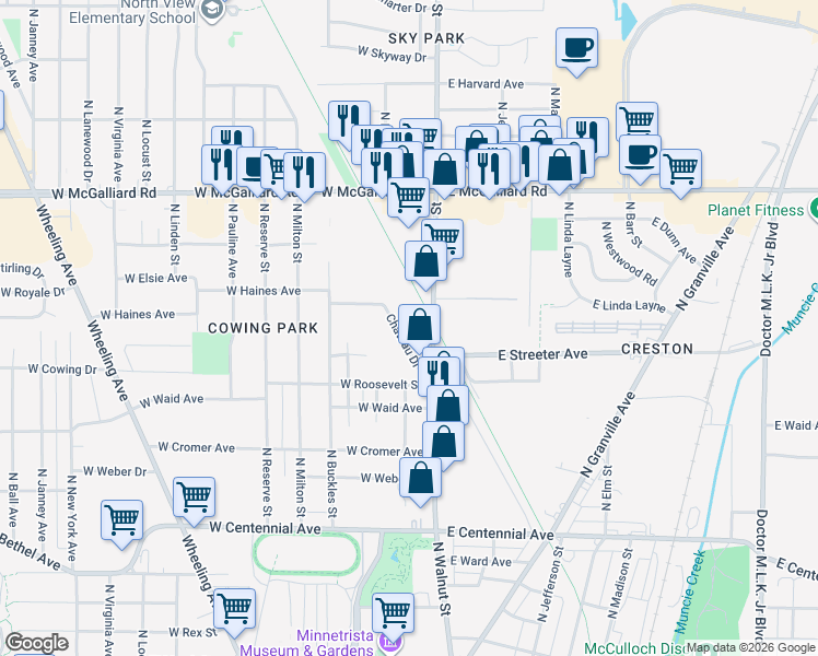 map of restaurants, bars, coffee shops, grocery stores, and more near 2400 Chateau Drive in Muncie