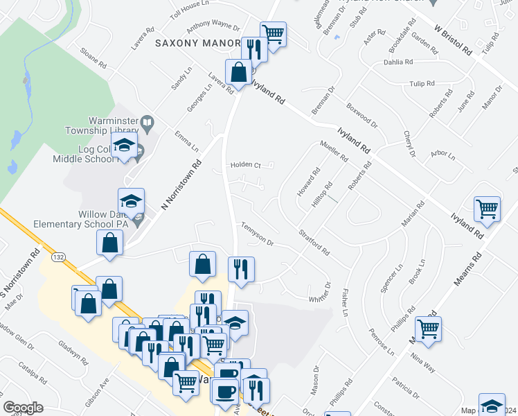 map of restaurants, bars, coffee shops, grocery stores, and more near 953 Mueller Road in Warminster