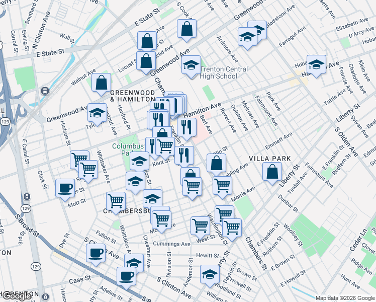 map of restaurants, bars, coffee shops, grocery stores, and more near 120 Franklin Street in Trenton