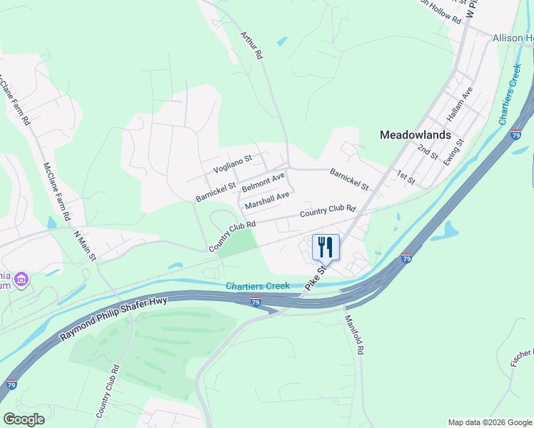 map of restaurants, bars, coffee shops, grocery stores, and more near 300 Country Club Road in Meadowlands