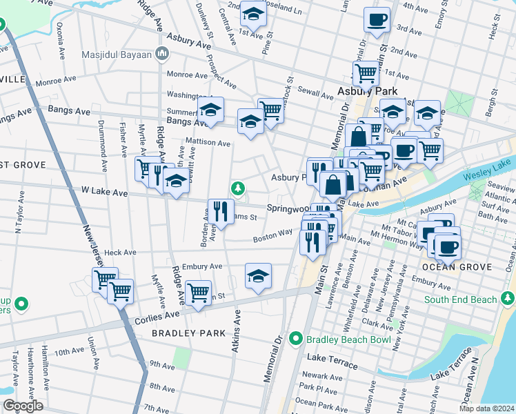 map of restaurants, bars, coffee shops, grocery stores, and more near 1116 Springwood Avenue in Asbury Park