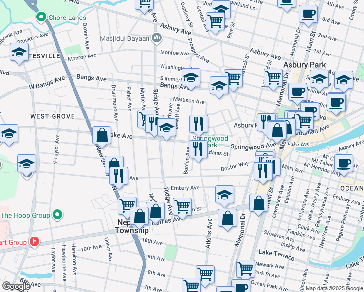 map of restaurants, bars, coffee shops, grocery stores, and more near 3 Borden Avenue in Asbury Park