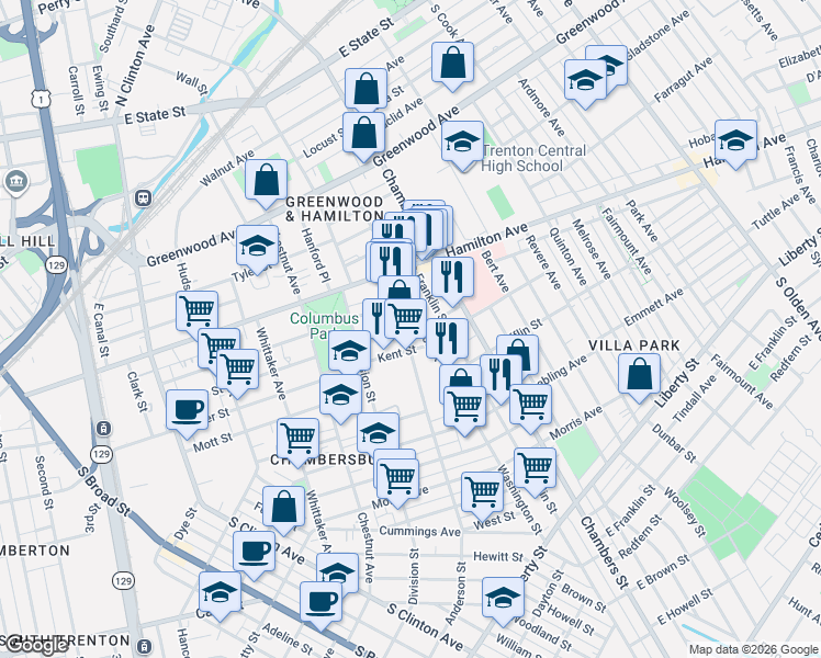 map of restaurants, bars, coffee shops, grocery stores, and more near 49 Washington Street in Trenton