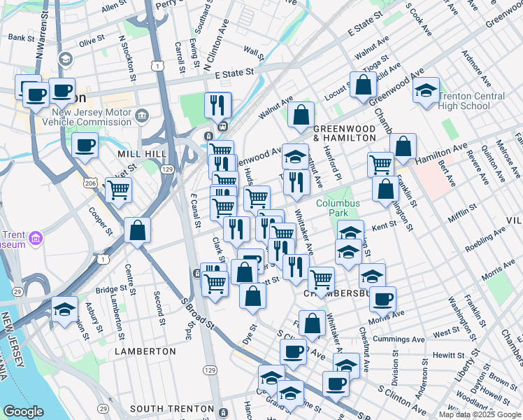 map of restaurants, bars, coffee shops, grocery stores, and more near 92 Hudson Street in Trenton