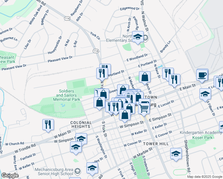 map of restaurants, bars, coffee shops, grocery stores, and more near 202 North Frederick Street in Mechanicsburg