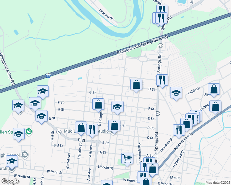 map of restaurants, bars, coffee shops, grocery stores, and more near 237 G Street in Carlisle