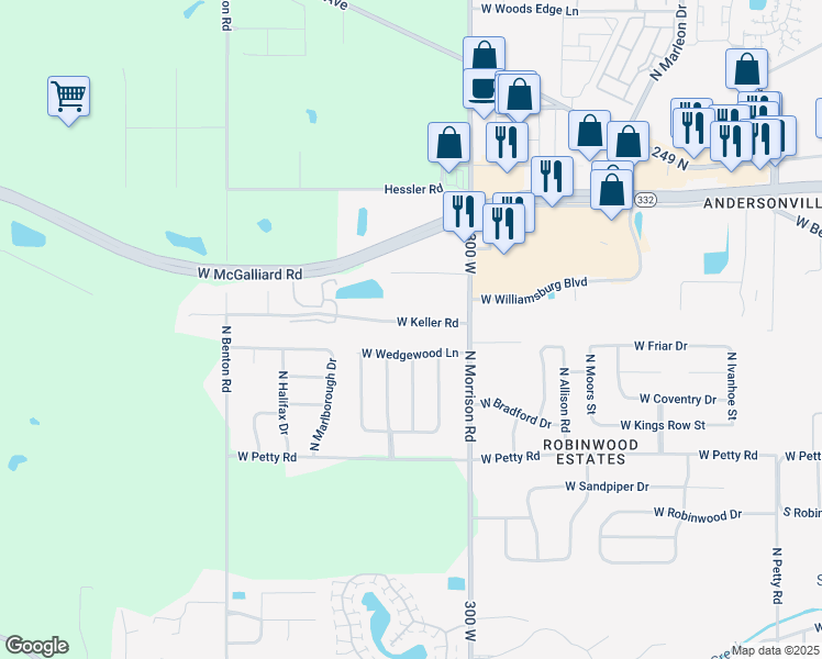 map of restaurants, bars, coffee shops, grocery stores, and more near 5003 West Keller Road in Muncie