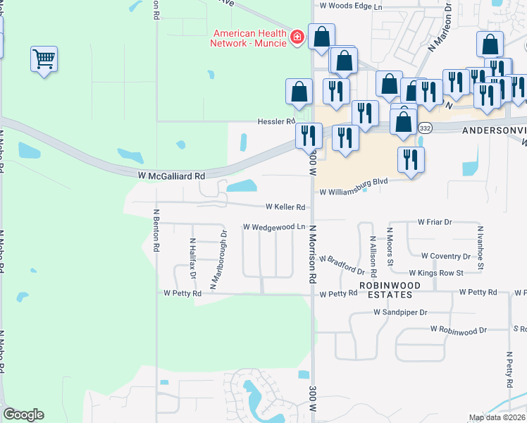 map of restaurants, bars, coffee shops, grocery stores, and more near 5105 West Keller Road in Muncie