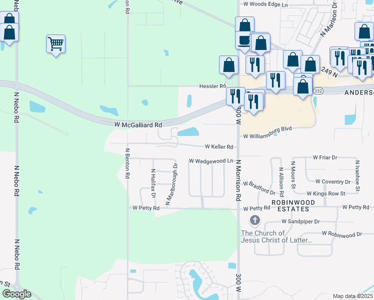 map of restaurants, bars, coffee shops, grocery stores, and more near 5229 West Keller Road in Muncie