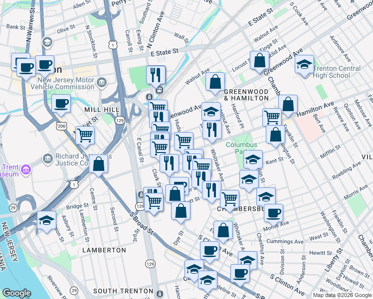 map of restaurants, bars, coffee shops, grocery stores, and more near 264 Hamilton Avenue in Trenton