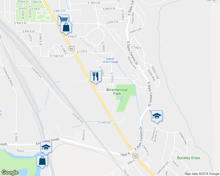 map of restaurants, bars, coffee shops, grocery stores, and more near 1402 South 1470 East in Provo