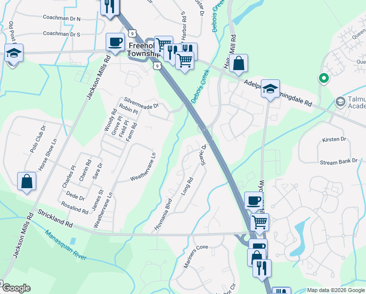 map of restaurants, bars, coffee shops, grocery stores, and more near 20-1 Augusta Court in Freehold Township