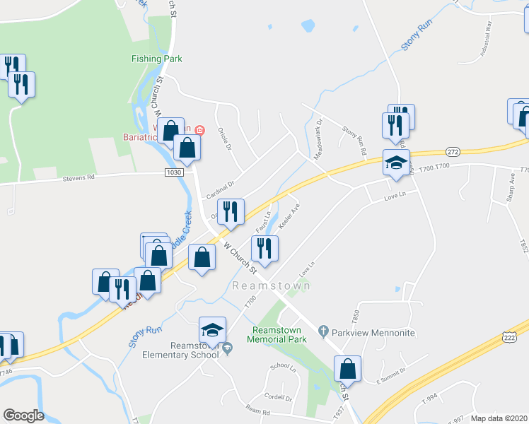 map of restaurants, bars, coffee shops, grocery stores, and more near 22 Faust Lane in Stevens