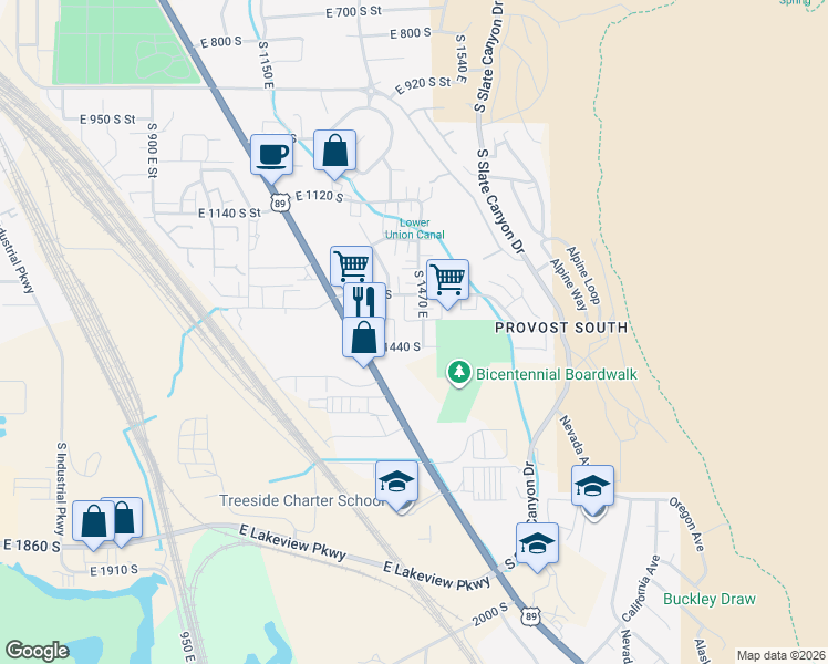 map of restaurants, bars, coffee shops, grocery stores, and more near 1402 South 1470 East in Provo