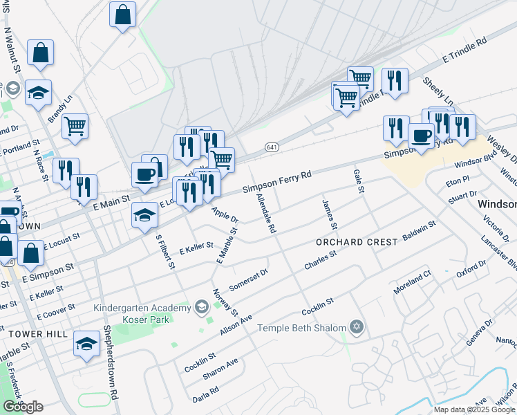 map of restaurants, bars, coffee shops, grocery stores, and more near 214 Allendale Road in Mechanicsburg
